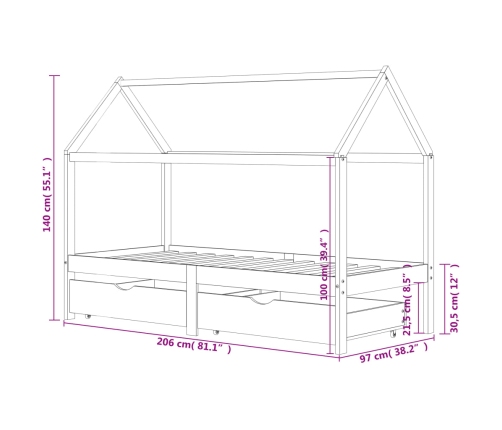 Estructura de cama infantil con cajones madera de pino 90x200cm