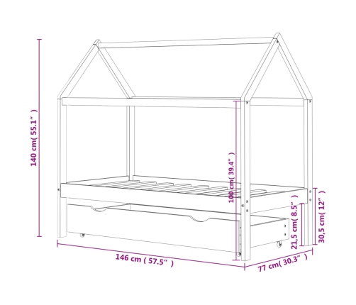 Estructura de cama infantil y cajón madera pino blanca 70x140cm