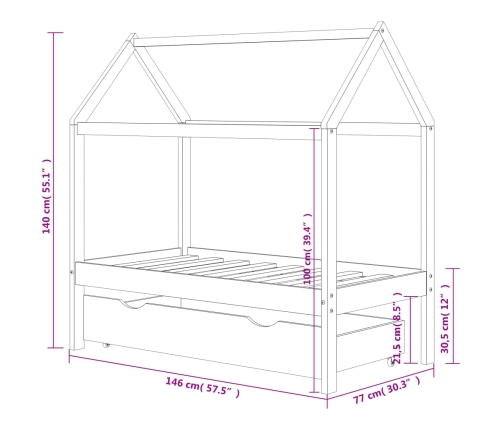 Estructura de cama infantil y cajón madera pino gris 70x140cm