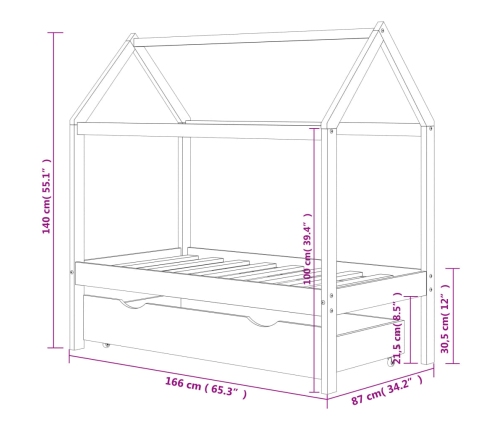 Estructura de cama infantil y cajón madera pino gris 80x160cm