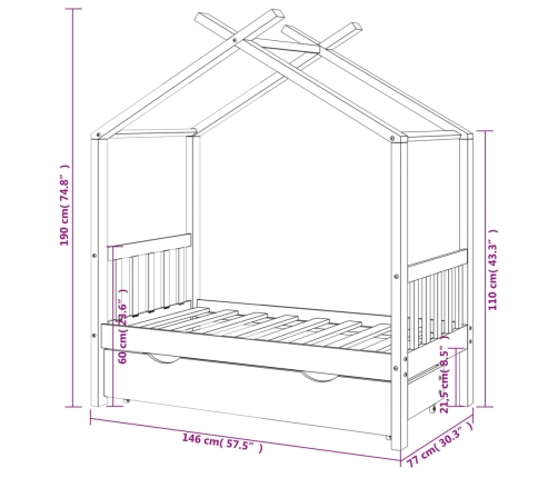 Estructura de cama infantil con cajón madera de pino 70x140 cm