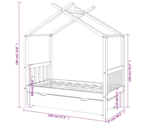 Estructura de cama niños y cajón madera maciza blanca 70x140 cm