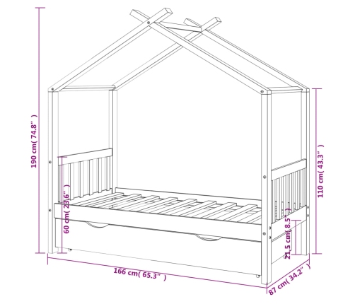 Estructura cama niños con cajón madera pino blanco 80x160 cm