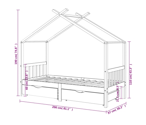 Estructura cama niños y cajones madera maciza blanca 90x200 cm