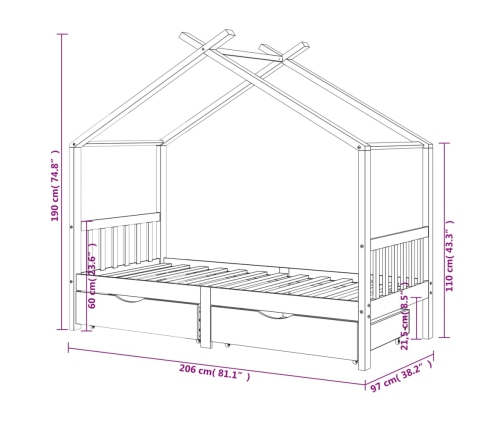 Estructura de cama infantil y cajones madera pino gris 90x200cm