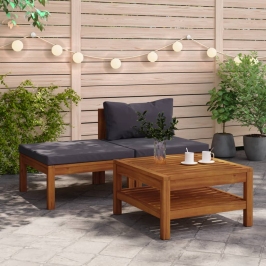 Muebles de jardín 3 pzas con cojines madera acacia gris oscuro