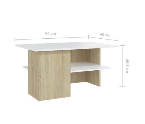 vidaXL Mesa de centro madera contrachapada blanco y roble 90x60x46,5cm