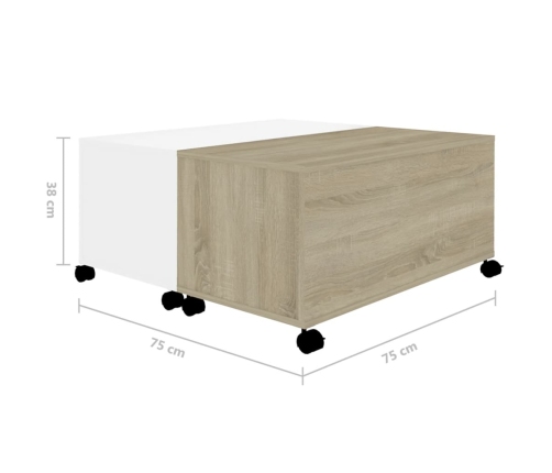 Mesa de centro madera contrachapada blanco y roble 75x75x38 cm