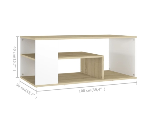 vidaXL Mesa de centro madera contrachapada blanco y roble 100x50x40 cm