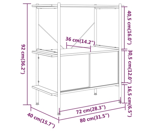 vidaXL Estantería con armario 3 niveles madera y acero 80x40x92 cm