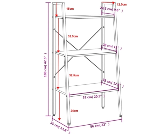 Estantería de pie 3 baldas marrón oscuro y negro 56x35x108 cm