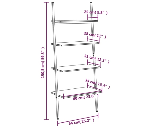 Estantería inclinada 4 baldas marrón claro negro 64x34x150,5 cm