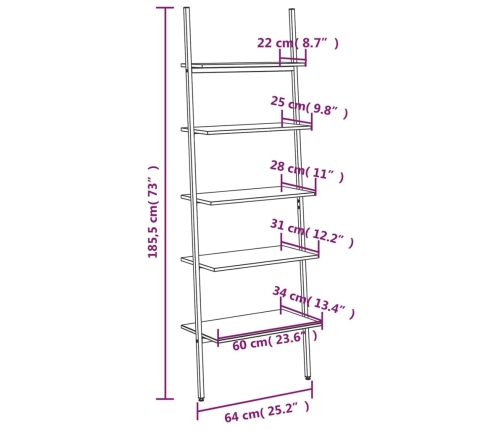Estantería inclinada 5 baldas marrón claro negro 64x34x185,5 cm