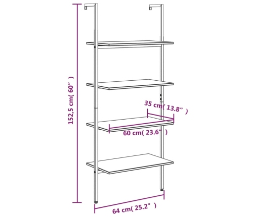 Estantería inclinada 4 baldas marrón claro negro 64x35x152,5 cm