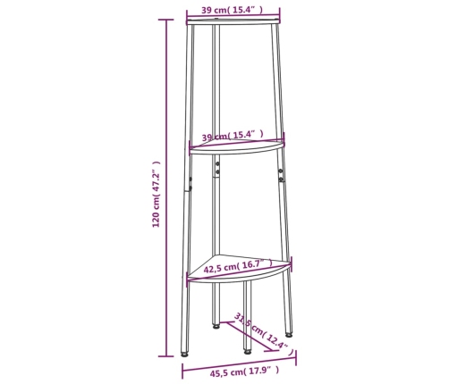 Estantería esquina 3 niveles marrón claro negro 45,5x31,5x120cm
