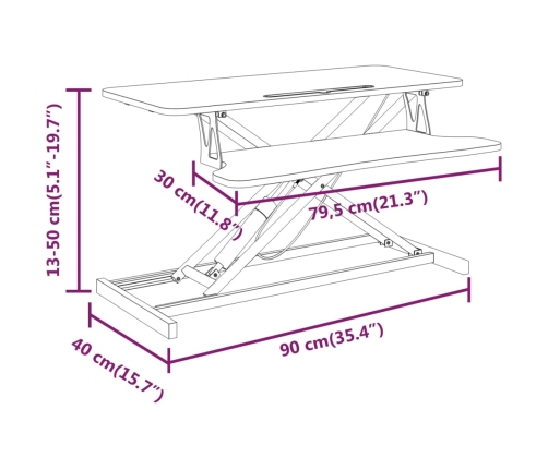 Escritorio ajustable 90x40x(13-50) cm acero y contrachapada