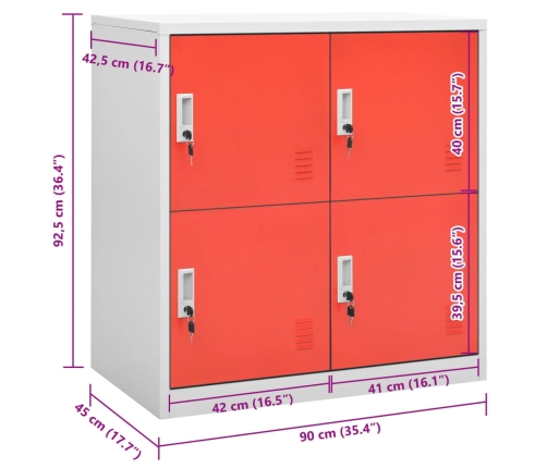 Armario taquilla de acero gris claro y rojo 90x45x92,5 cm