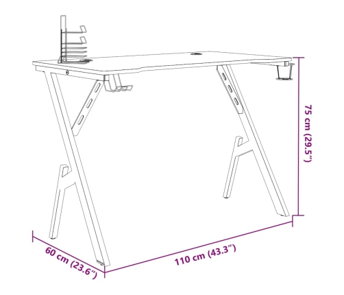Escritorio gaming con patas en forma de Y negro 110x60x75 cm