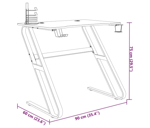 Escritorio gaming con patas en forma de ZZ negro 90x60x75 cm