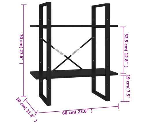 Estantería de 2 niveles madera contrachapada negro 60x30x70 cm