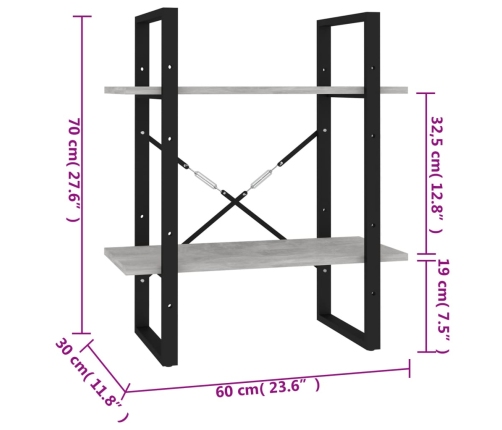 Estantería de 2 niveles contrachapada gris hormigón 60x30x70 cm