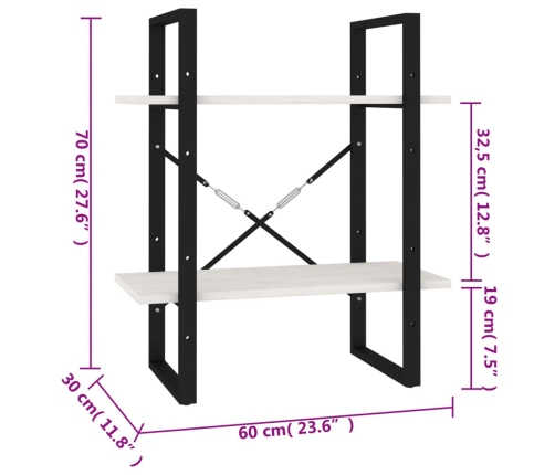 vidaXL Estantería 2 niveles madera maciza de pino blanco 60x30x70 cm