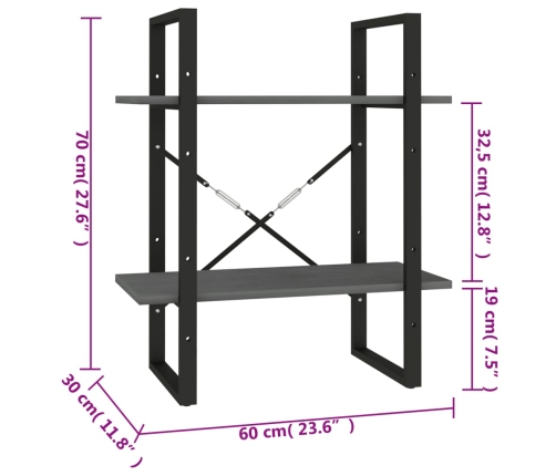 Estantería 2 niveles madera maciza de pino gris 60x30x70 cm