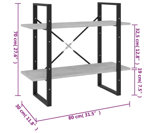 Estantería de 2 niveles contrachapada gris hormigón 80x30x70 cm