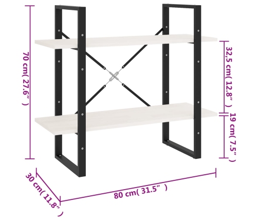 Estantería 2 niveles madera maciza de pino blanco 80x30x70 cm