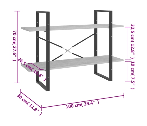 vidaXL Estantería de 2 niveles contrachapada gris hormigón 100x30x70cm