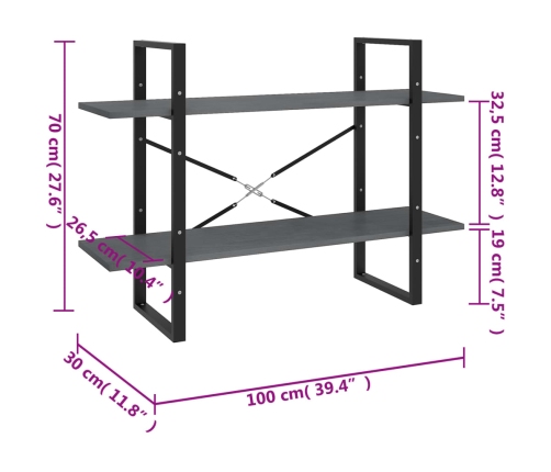 Estantería 2 niveles madera maciza de pino gris 100x30x70 cm