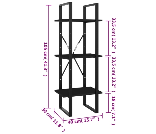 Estantería de 3 niveles madera contrachapada negro 40x30x105 cm