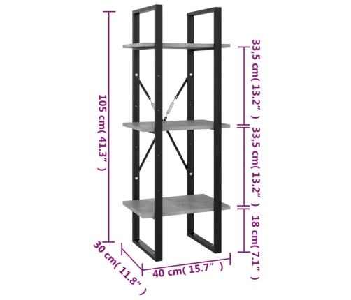 Estantería de 3 niveles contrachapada gris hormigón 40x30x105cm