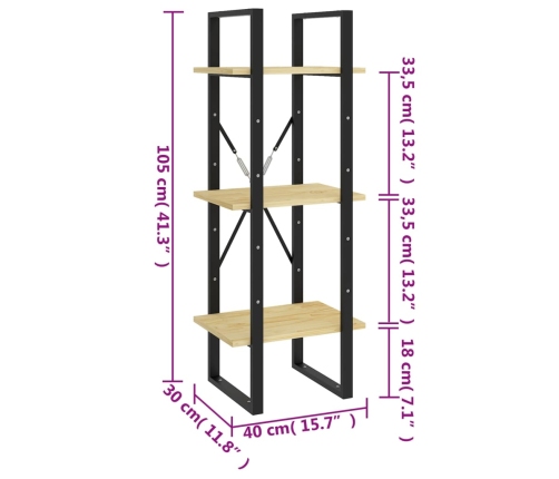 vidaXL Estantería de 3 niveles madera maciza de pino 40x30x105 cm