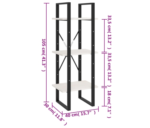 Estantería de 3 niveles madera maciza pino blanco 40x30x105 cm