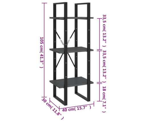 Estantería de 3 niveles madera maciza de pino gris 40x30x105 cm