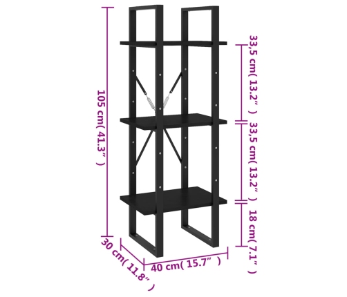 Estantería de 3 niveles madera maciza pino negro 40x30x105 cm