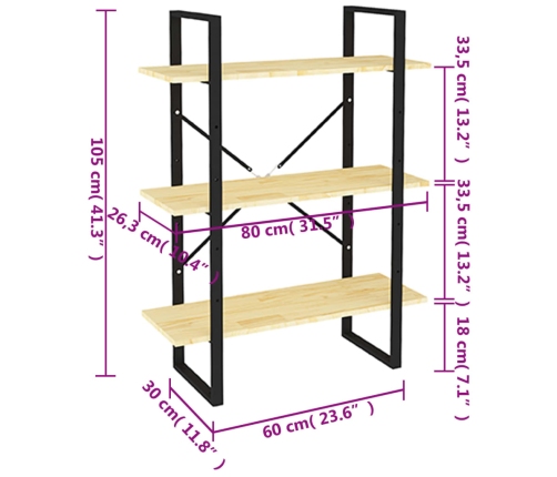 Estantería de 3 niveles madera maciza de pino 80x30x105 cm