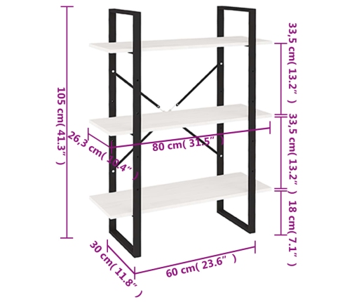 Estantería 3 niveles madera maciza de pino blanco 80x30x105 cm