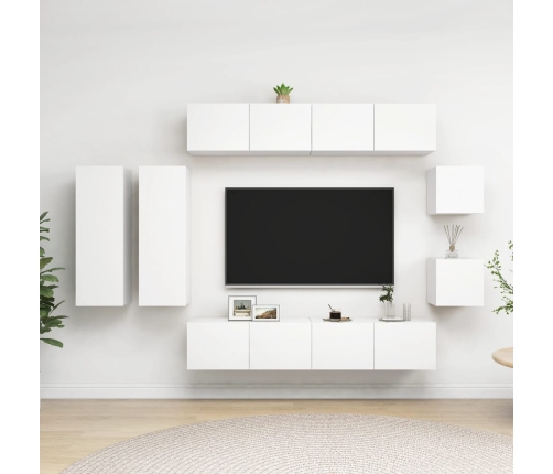 Set de mueble para TV de 8 piezas madera de ingeniería blanco