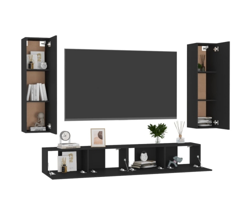 Juego de mueble para TV de 4 piezas madera contrachapada negro