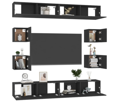 Set de muebles de salón TV 8 piezas madera ingeniería negro