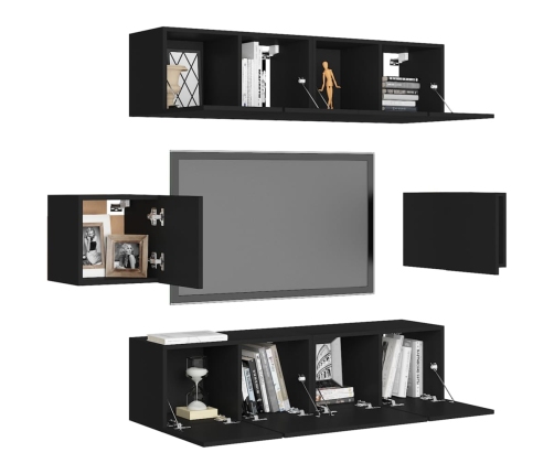 Set de muebles de salón TV 6 piezas madera ingeniería negro