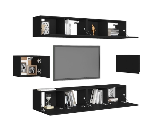 Set de muebles de salón TV 6 piezas madera ingeniería negro