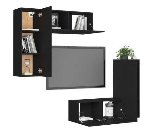 Set de muebles de salón TV 4 piezas madera de ingeniería negro