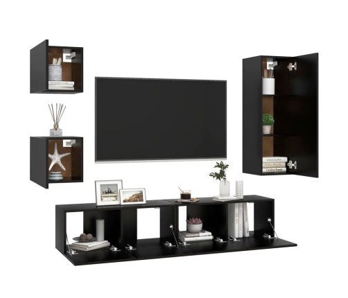 Set de muebles de TV 5 piezas madera contrachapada negro