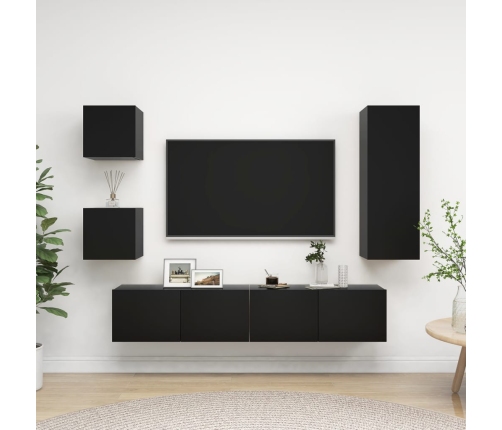 Set de muebles de TV 5 piezas madera contrachapada negro