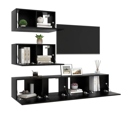 Set de muebles de salón TV 4 piezas madera de ingeniería negro