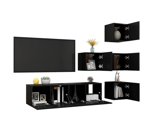 Set de muebles de salón TV 6 piezas madera ingeniería negro