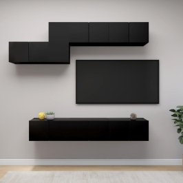 Set de muebles de salón TV 7 piezas madera de ingeniería negro